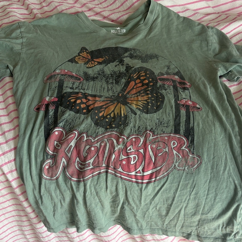 Hollister Oversized Tee with Butterfly and Mushroom Design